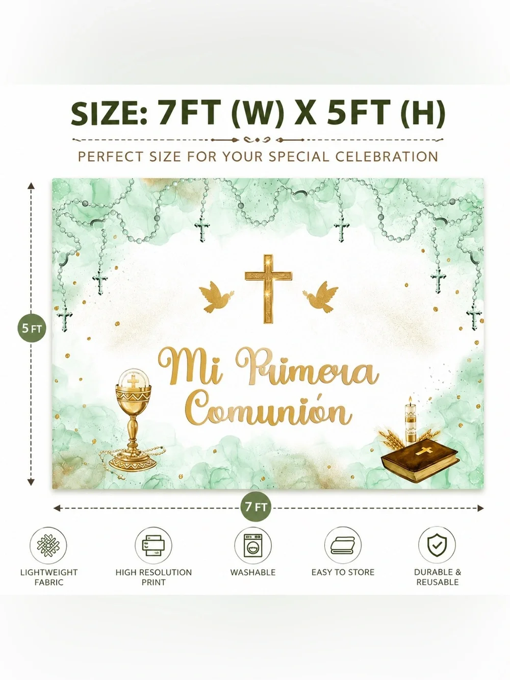 Mi Primera Comunión Green & Gold Backdrop - First Communion Party Decor 7x5ft